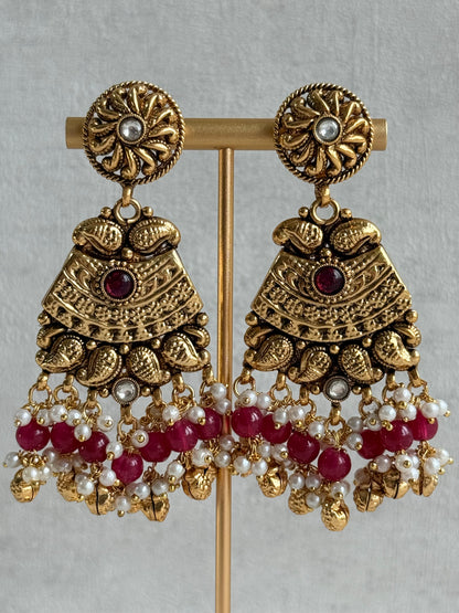 Ayura Designs Sairish Choker Set with Earrings & Tikka – Ruby Pink Beads, Pearl Detailing, Ghungroos, Paisley Motifs & Antique Gold Finish