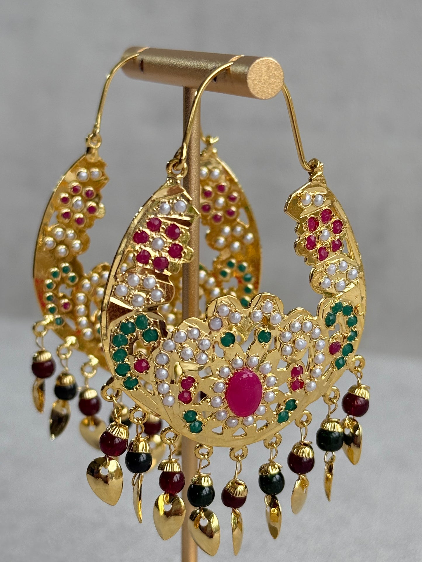 Ayura Designs Nimrat Balis – Pink & Multicolour Stones with Maroon & Green Beads and Pippal Patti Detailing