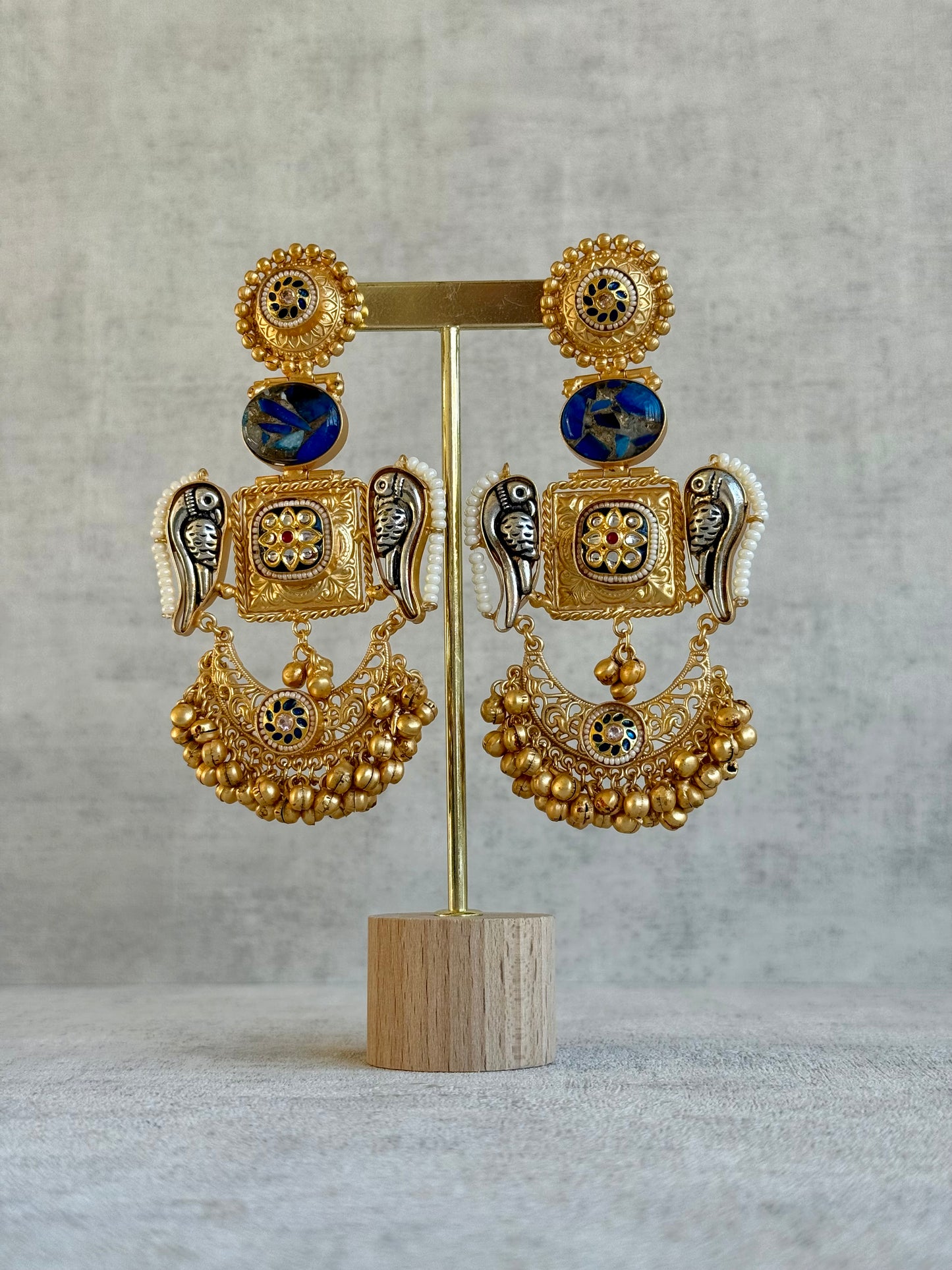 Ayura Designs Soha Earrings – Antique Gold with Midnight Blue Stone & Oxidised Parrots