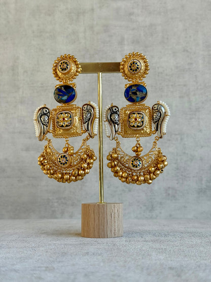 Ayura Designs Soha Earrings – Antique Gold with Midnight Blue Stone & Oxidised Parrots