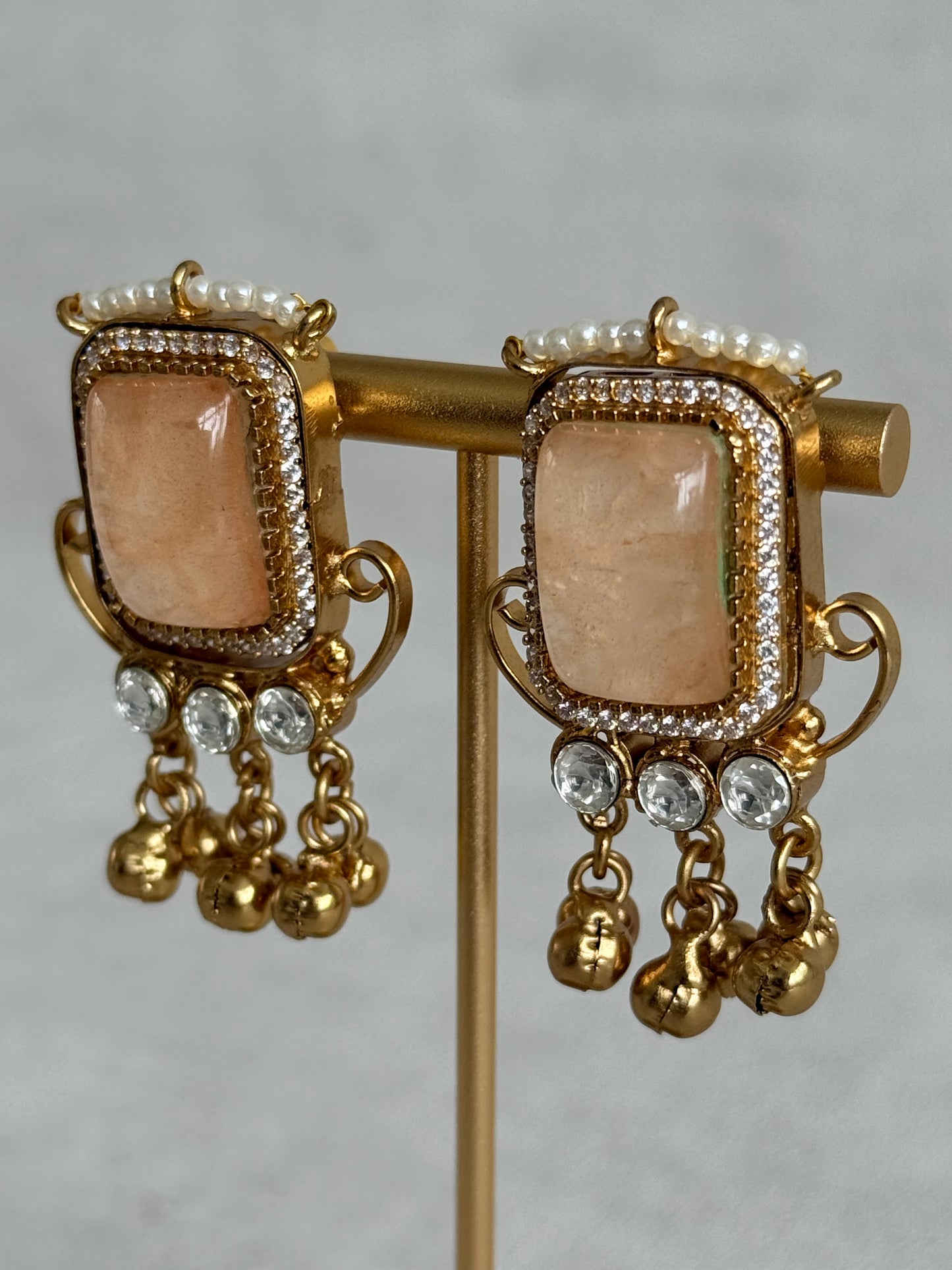 Ayura Designs Aleena Earrings – Champagne Stone Stud Earrings with Pearls & Ghungroo Detailing
