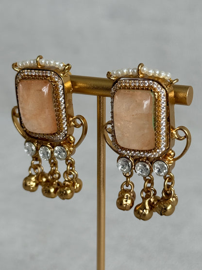 Ayura Designs Aleena Earrings – Champagne Stone Stud Earrings with Pearls & Ghungroo Detailing