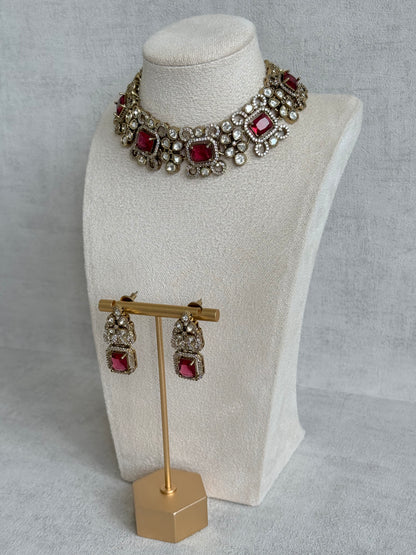 Ayura Designs Celine Necklace Set with Earrings – Moissanite Ruby Rose Statement Set