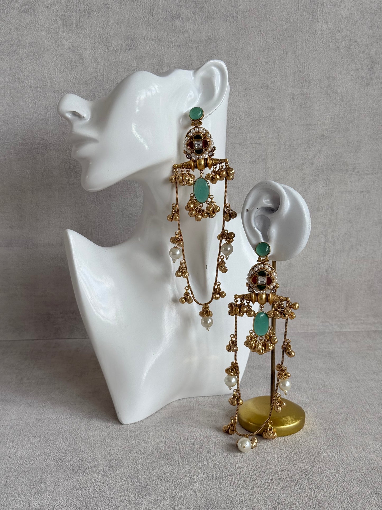 Ayura Designs Kashifa Earrings – Kashmiri Earrings with Mint Green Stone, Ghungroo Detailing & Pearl Drops