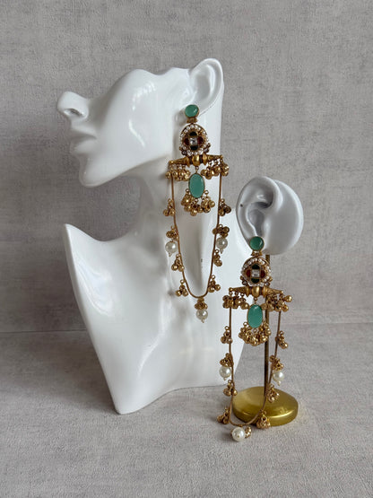 Ayura Designs Kashifa Earrings – Kashmiri Earrings with Mint Green Stone, Ghungroo Detailing & Pearl Drops