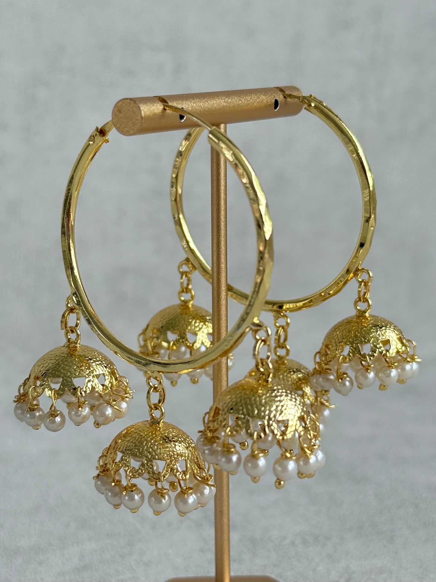 Ayura Designs Anam Balis – Gold Triple Jhumki Hoop Earrings with Pearl Drops