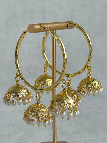 Ayura Designs Anam Balis – Gold Triple Jhumki Hoop Earrings with Pearl Drops