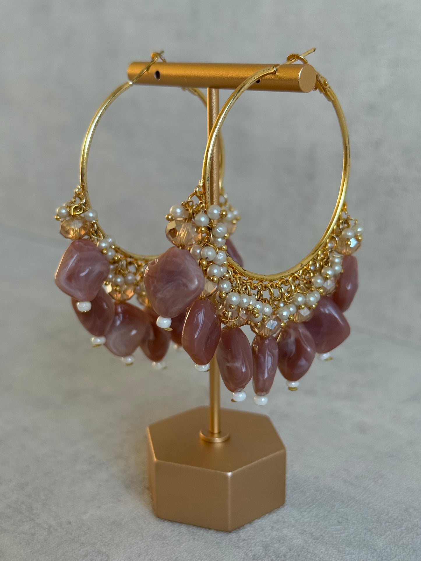 Ayura Designs Heer Balis – Gold Hoops with Dusty Rose Marble Beads, Pearls & Crystal Detailing