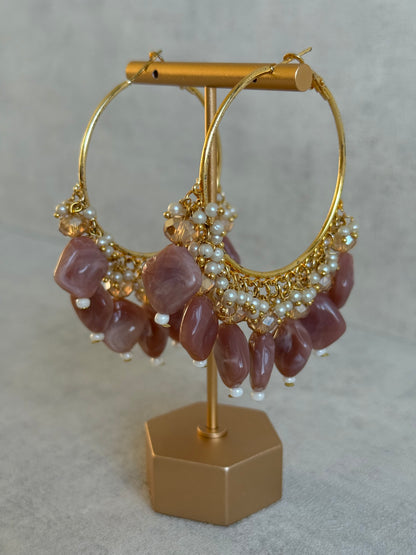Ayura Designs Heer Balis – Gold Hoops with Dusty Rose Marble Beads, Pearls & Crystal Detailing