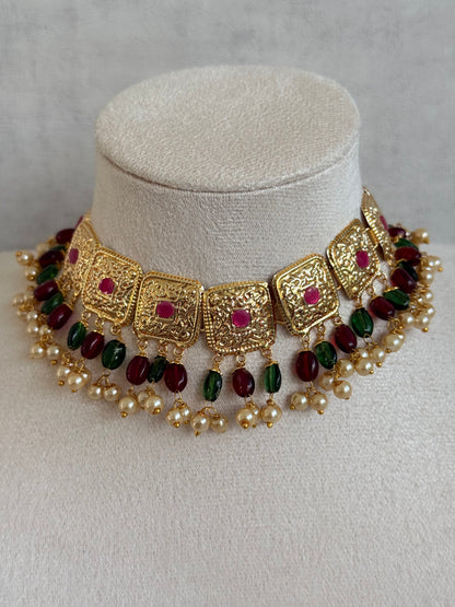 Ayura Designs Chetna Choker Set with Earrings & Tikka – Maroon & Emerald Green Beads, Cream Pearl Drops with Pipal Patti Detailing