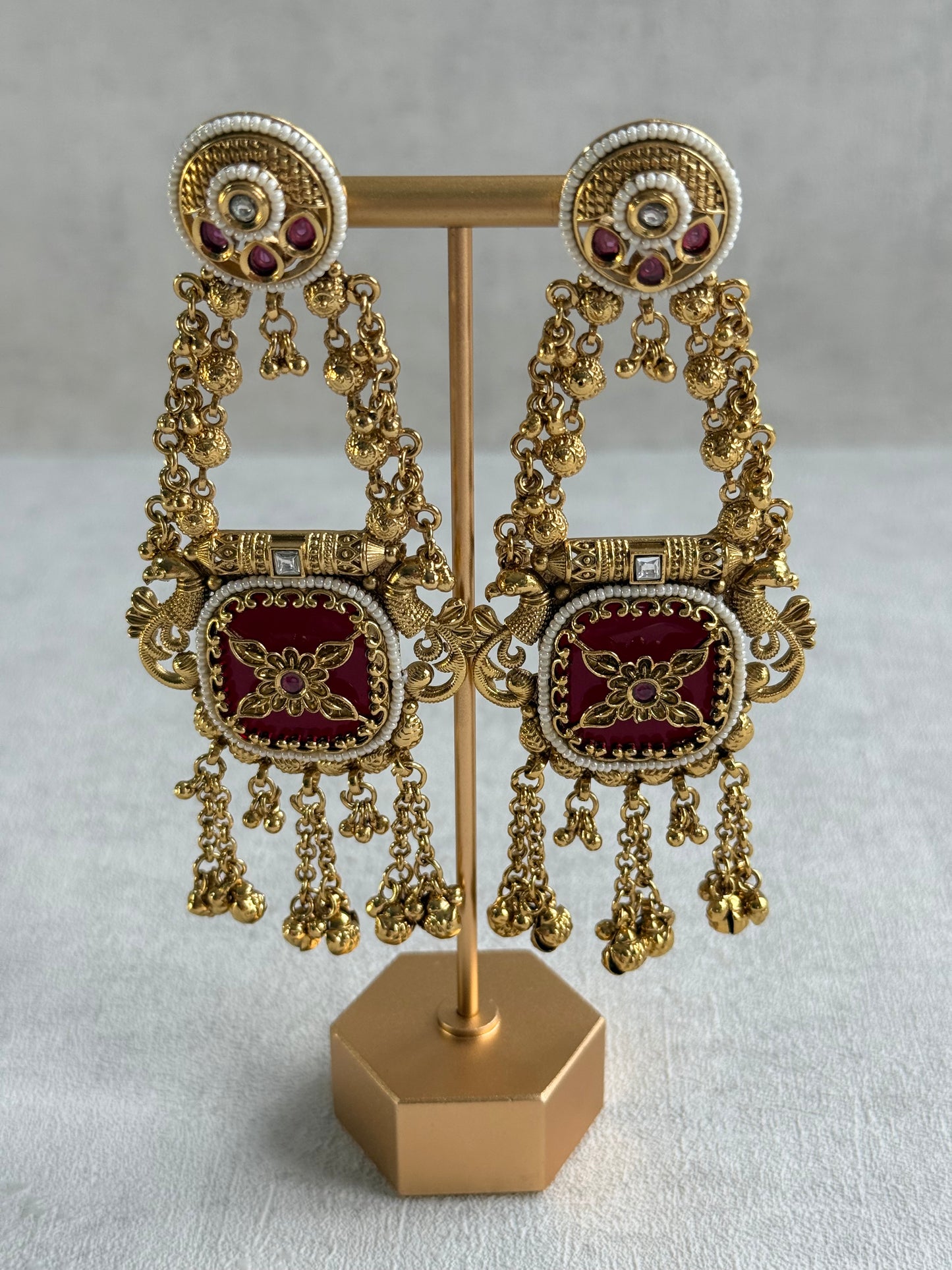 Ayura Designs Hazar Earrings – Gold Peacock Design with Ruby Red Enamel, Pearl Beading & Ghungroo Detailing