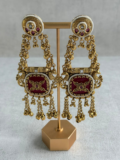 Ayura Designs Hazar Earrings – Gold Peacock Design with Ruby Red Enamel, Pearl Beading & Ghungroo Detailing