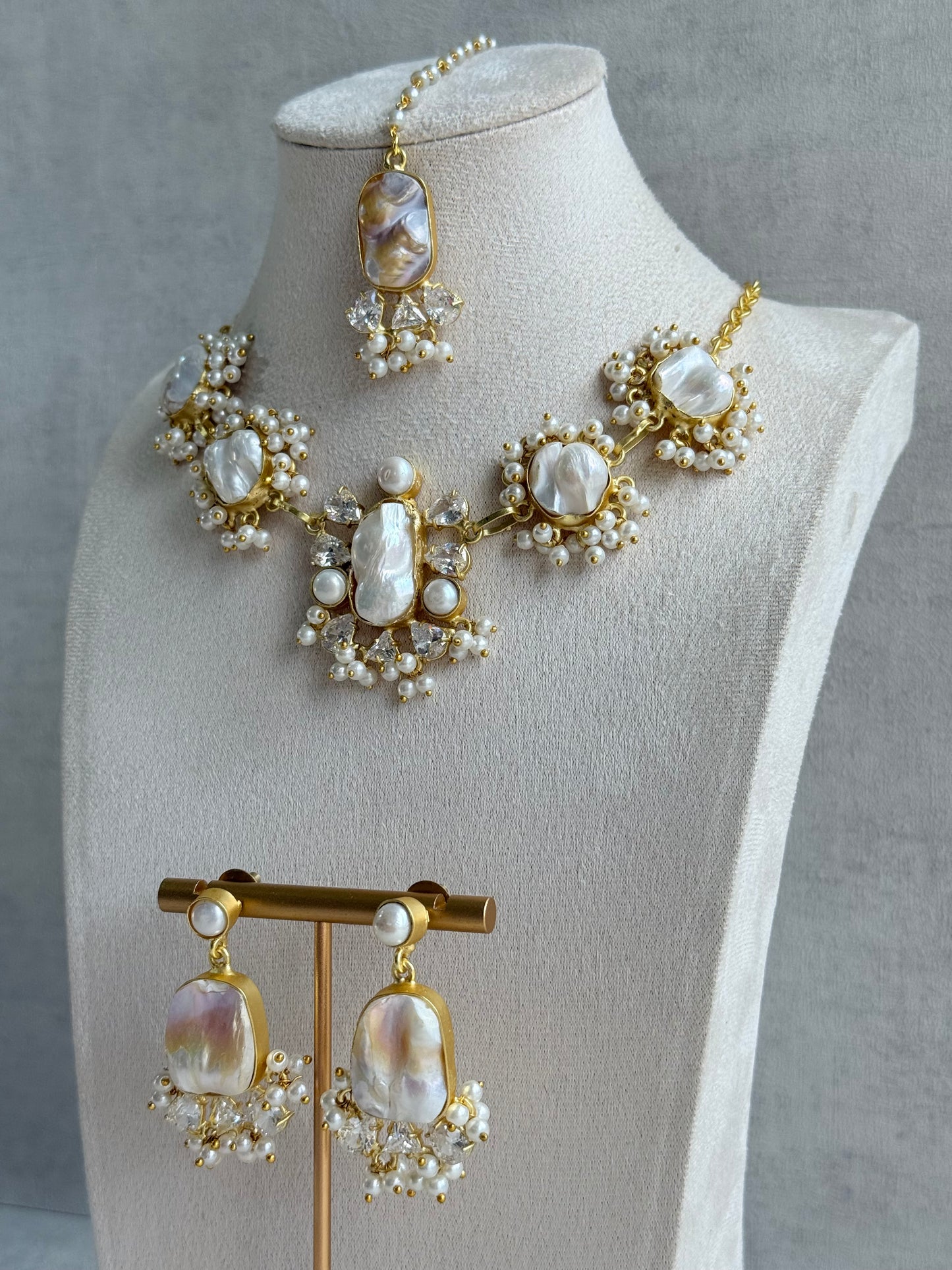 Ayura Designs Niamh Set with Tikka & Earrings - Baroque Pearl, Mother of Pearl & Crystals