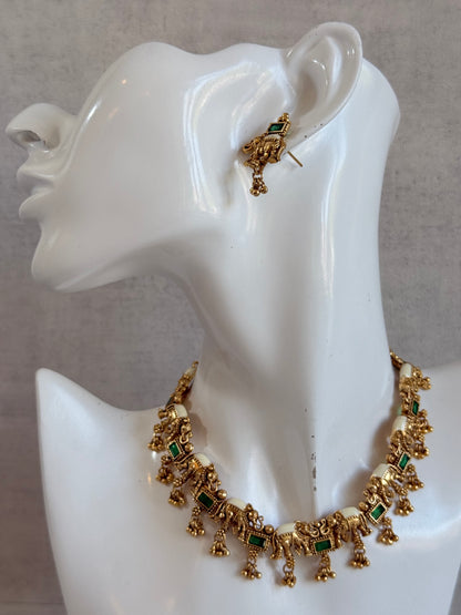 Ayura Designs Ruva Necklace Set with Earrings – Gold Finish, Emerald Green Stones, Ivory Detailing & Elephant Motifs