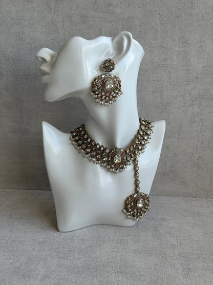 Ayura Designs Durriya Set with Earrings & Tikka – Antique Gold Finish, Mirror-Cut Stones & Pastel Pink, Mint & Ivory Enamel