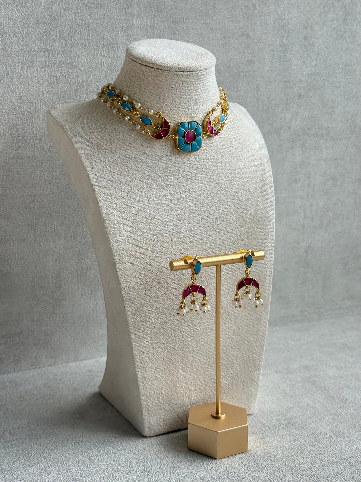 Ayura Designs Mahi Choker Set with Earrings – Meenakari Kundan Turquoise Blue & Hot Pink Detailing