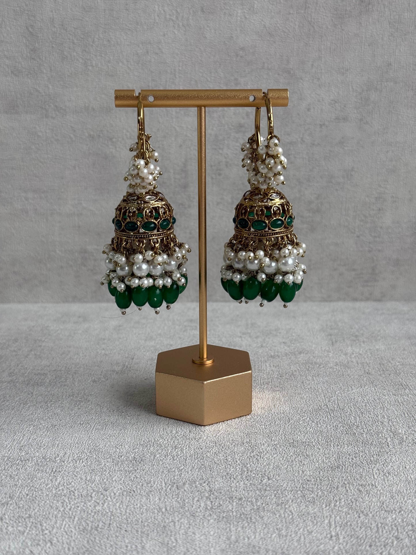 Ayura Designs Jugni Jhumkis – Antique Gold Balis with Emerald Beads & Pearl Clusters