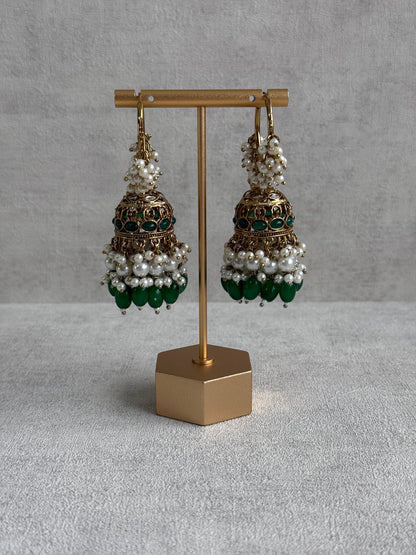 Ayura Designs Jugni Jhumkis – Antique Gold Balis with Emerald Beads & Pearl Clusters