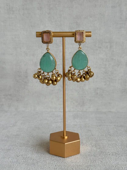 Ayura Designs Ahista Necklace Set with Earrings – Statement Pendant Necklace with Pink & Aqua Green Cat Eye Stones, Pearl Detailing & Ghungroo Accents