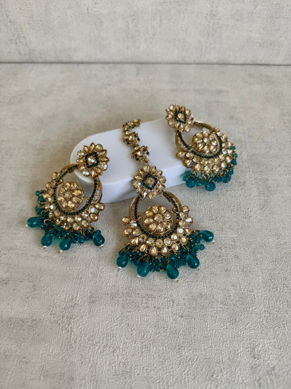 Ayura Designs Feroza Tikka & Earrings Set – Gold-Plated with Handcrafted Kundan Work, Teal Bead Droplets & Intricate Floral Motifs