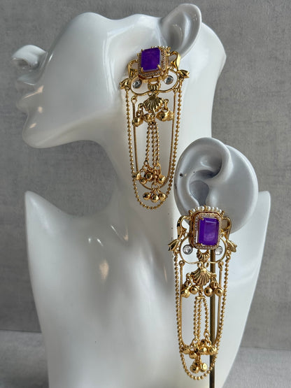 Ayura Designs Jaid Earrings – Royal Purple Floral Motif with Layered Chains & Ghungroos