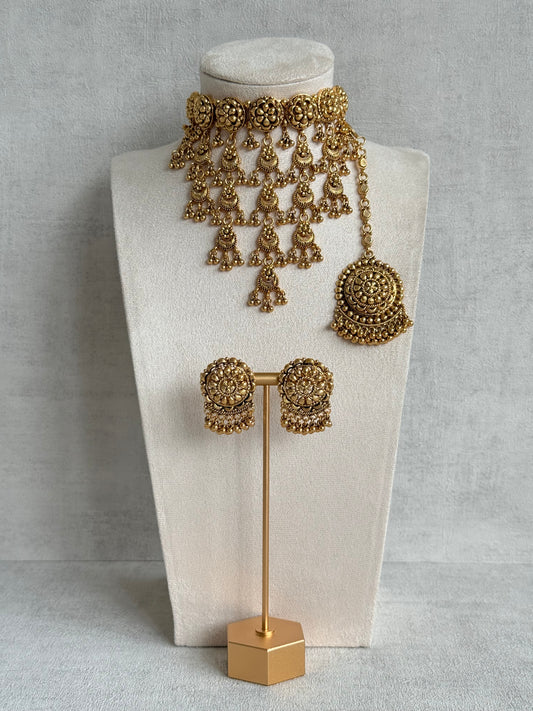 Ayura Designs Kimaya Choker Set with Earrings & Tikka – Gold Floral Waterfall Choker with Ghungroo Drops