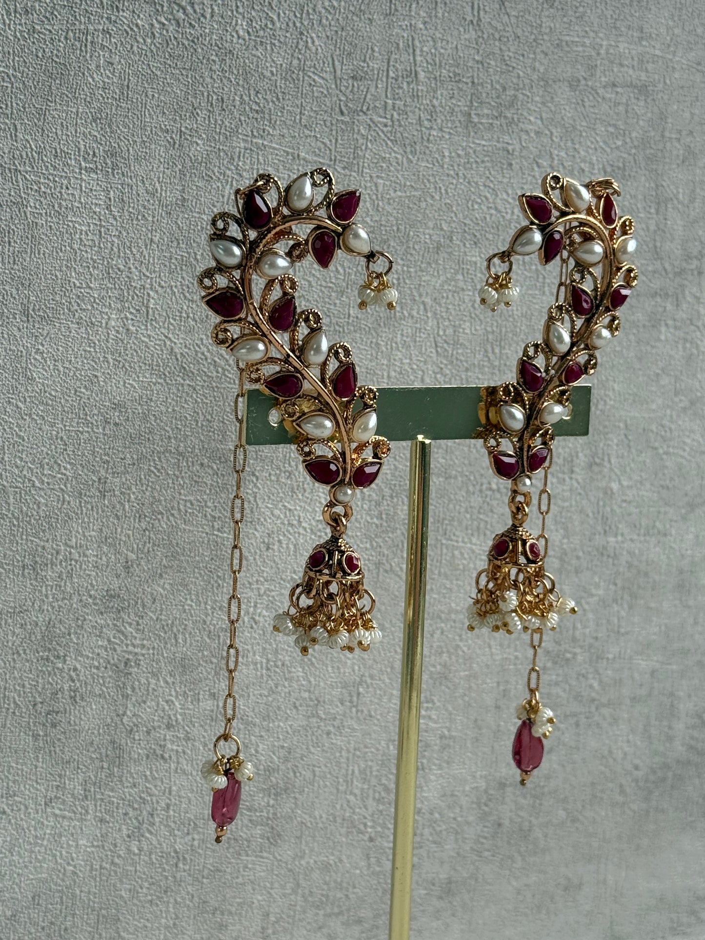 Ayura Designs Mastani Earrings – Gold Ear Climbers with Ruby Stones, Pearls & Jhumki Drops