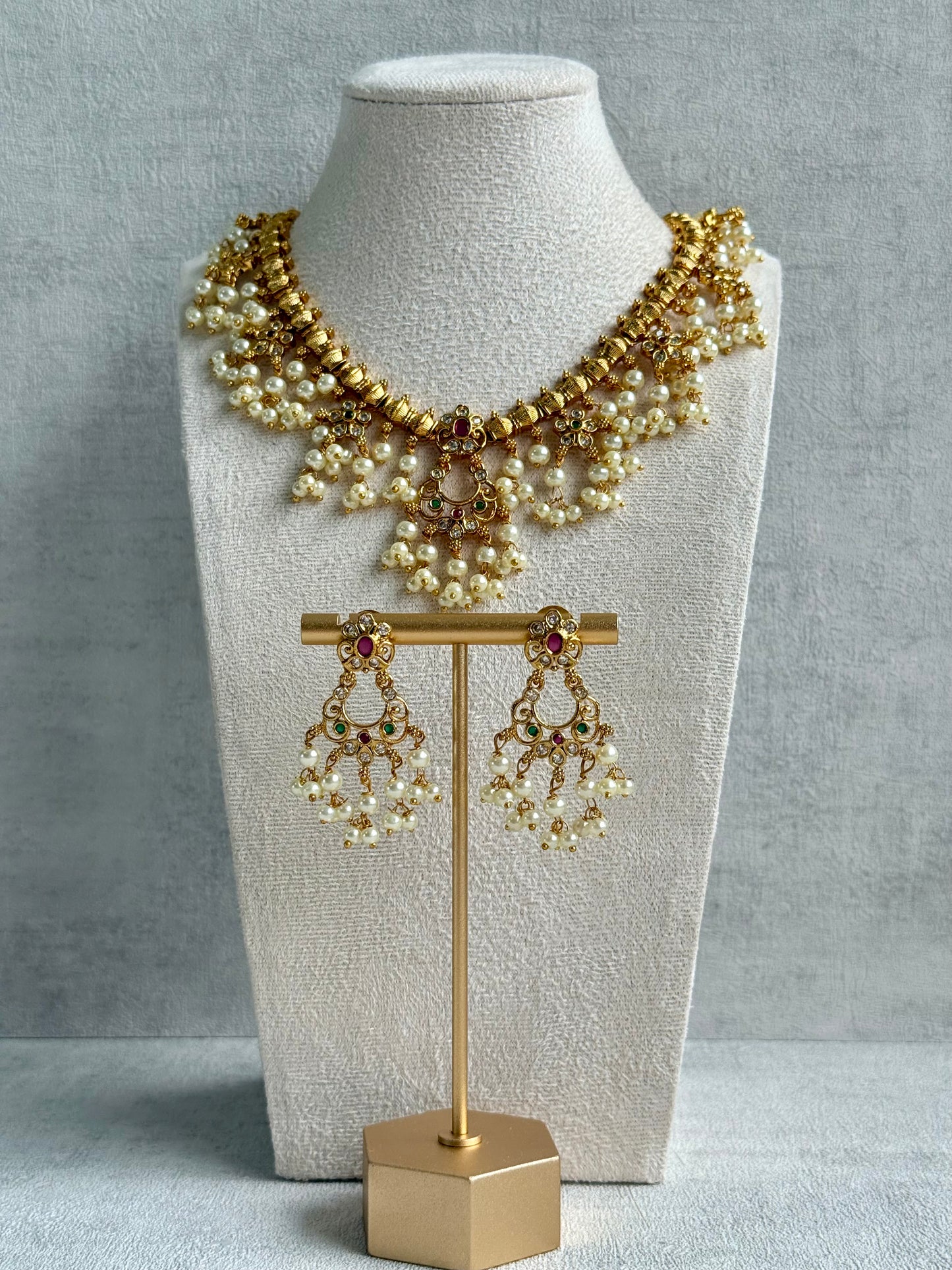 Ayura Designs Chaaya Set – Necklace & Earrings with Kundan Stones, Pink & Emerald Accents, and Pearl Detailing