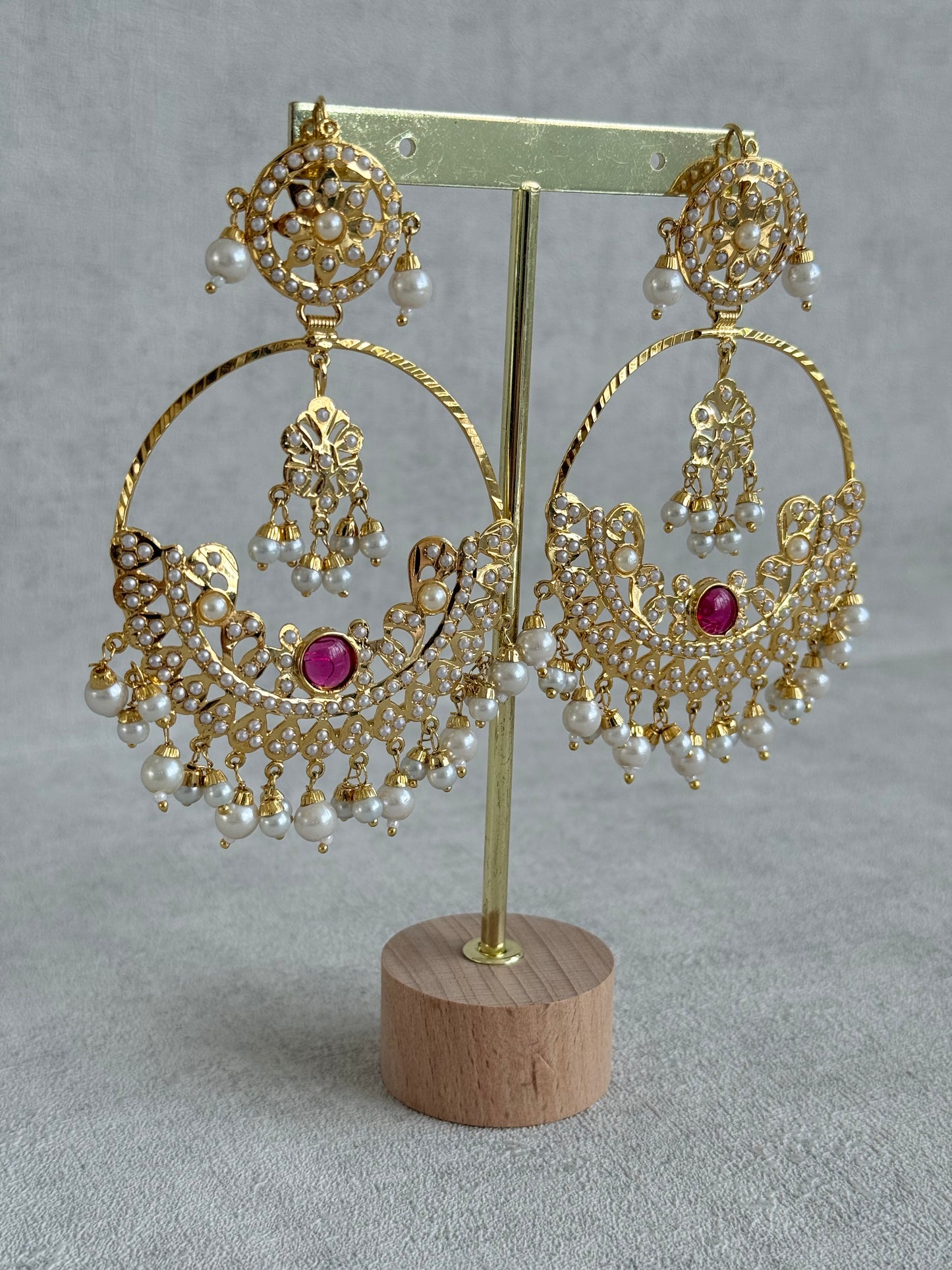Ayura Designs Arshi Chandbalis – Gold Jadau Ruby Pink & Ivory Pearl Detailing