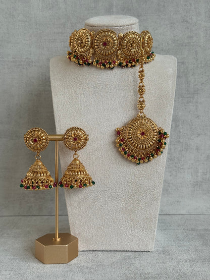 Ayura Designs Nooriya Choker Set with Jhumkis & Tikka: Exquisite Gold-Tone Ensemble Adorned with White & Green Beads