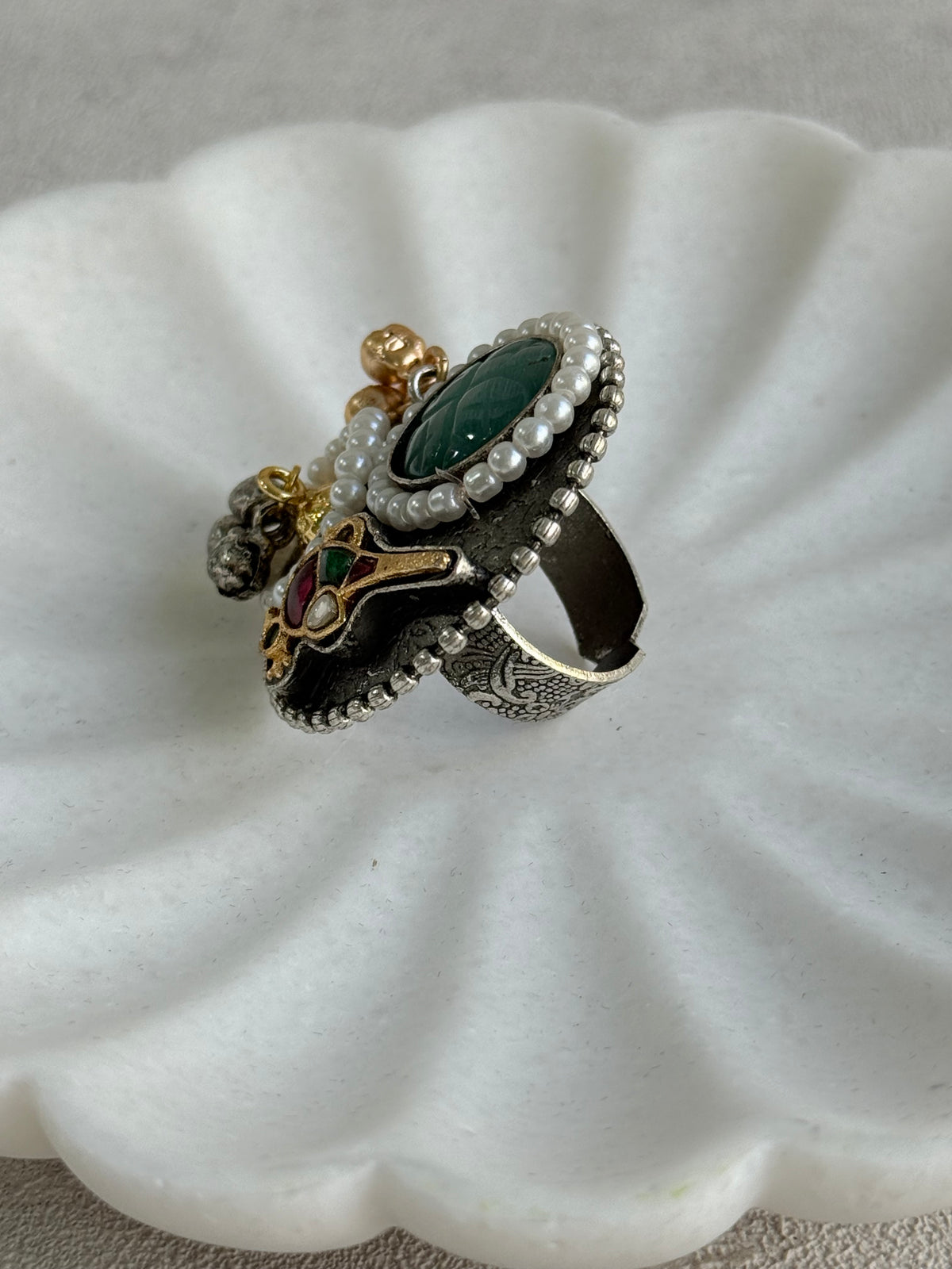 Ayura Designs Mihika Adjustable Ring – Oxidised Statement Ring with Green Stone, Pearl Detailing & Parrot Motif