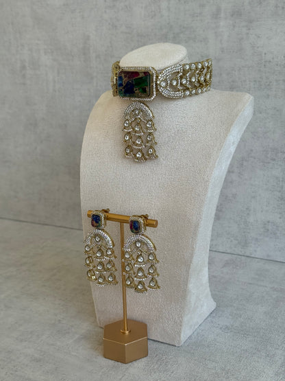 Ayura Designs Isla Choker Set with Earrings – Multicolour Marble & Moissanite Stones