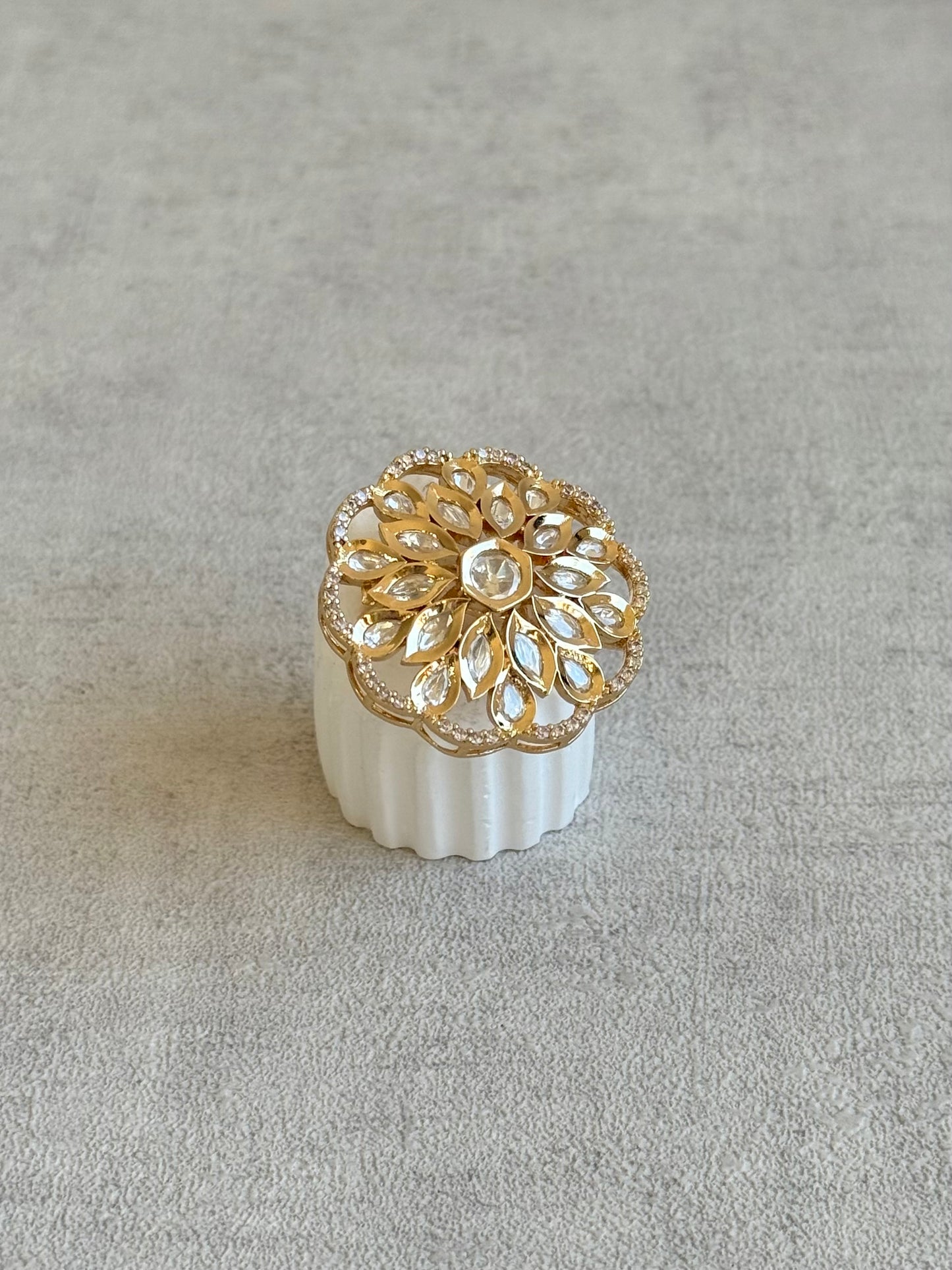 Ayura Designs Elisa Adjustable Ring – Moissanite Floral Ring with Clear Crystal Centre & Crystal Border