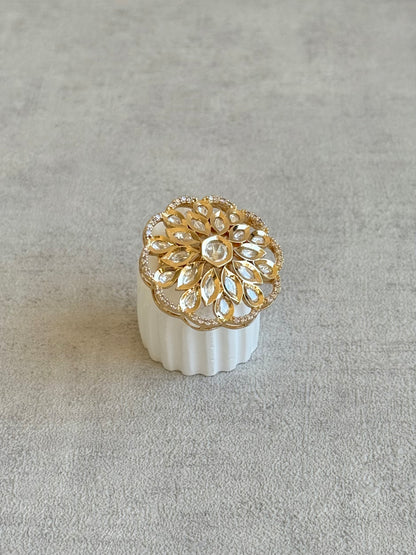 Ayura Designs Elisa Adjustable Ring – Moissanite Floral Ring with Clear Crystal Centre & Crystal Border