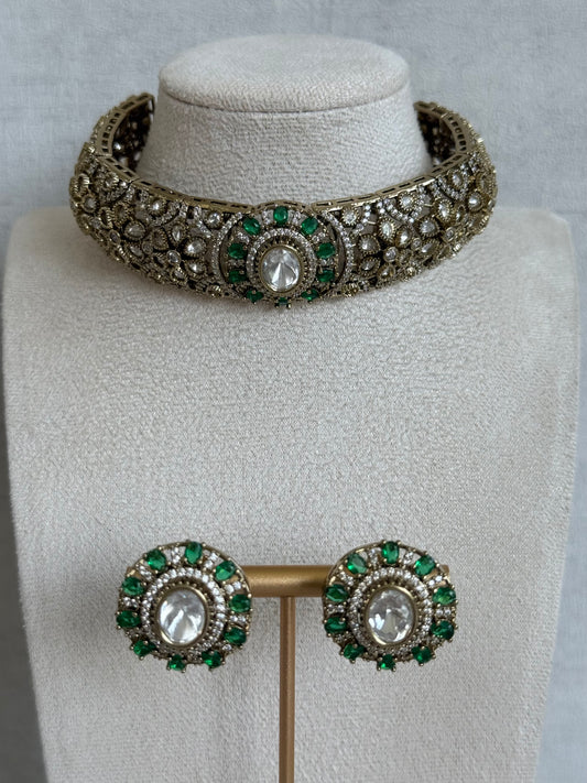 Ayura Designs Genevieve Choker Set with Studs – Emerald Green Crystal Kundan in Antique Gold