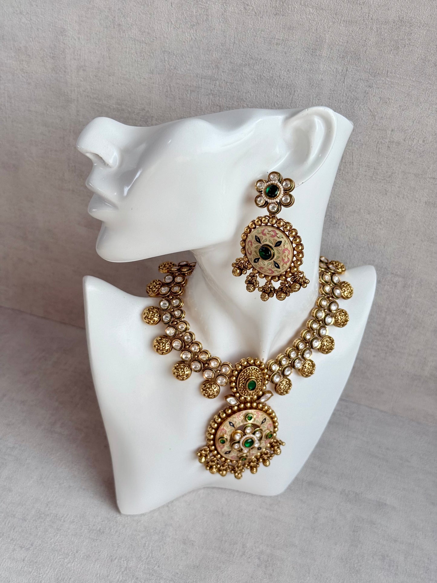Ayura Designs Zayna Set with Necklace & Earrings – Ivory Meenakari with Emerald Green Stones
