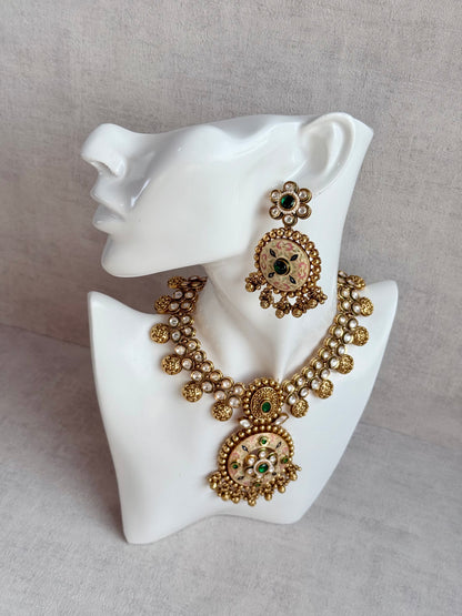 Ayura Designs Zayna Set with Necklace & Earrings – Ivory Meenakari with Emerald Green Stones