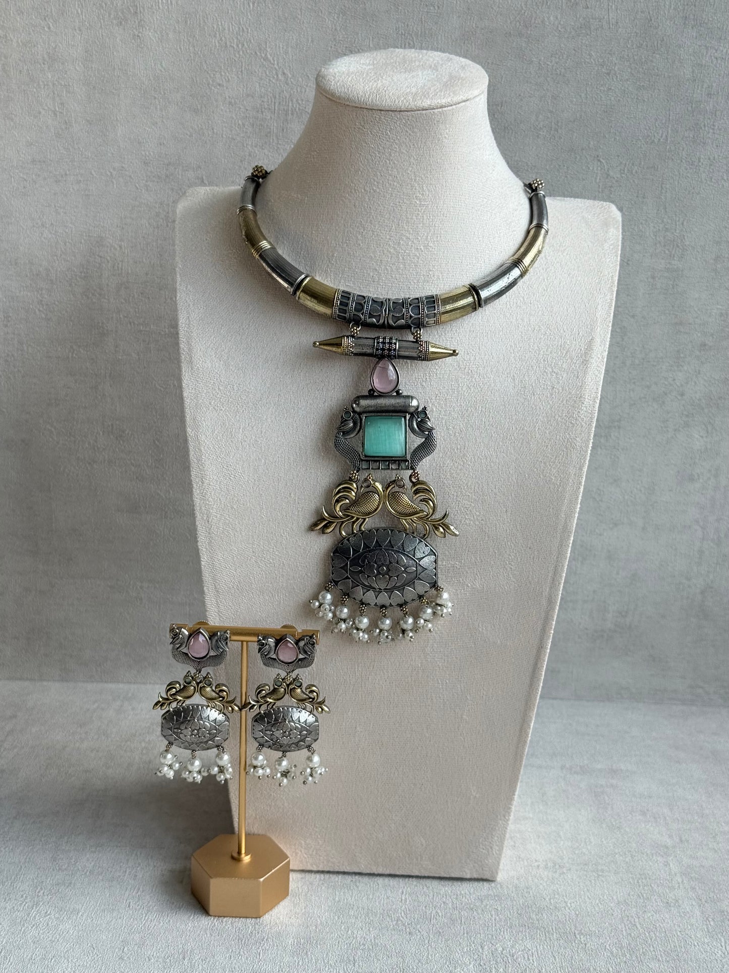 Ayura Designs Tansen Necklace Set with Earrings – Dual Tone Oxidised Necklace with Bird Motifs, Aqua Centre Stone & Pearl Detailing