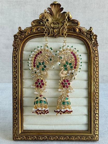 Ayura Designs Nitya Kaanphool Jhumkis – Gold Half Ear Cuff Earrings, Peacock Motifs, Pink & Emerald Green Kundan, Pearl Drops & Sahare