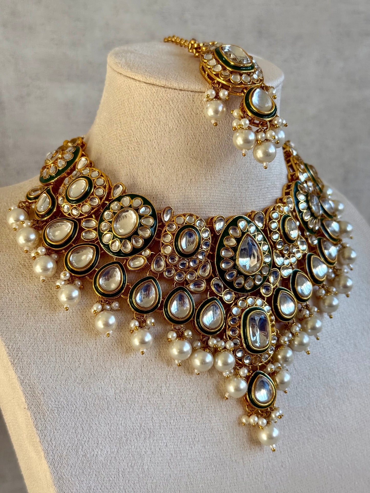 Ayura Designs Jashan Set with Necklace, Earrings, Tikka & Passa – Kundan Detailing, Ivory Pearl Drops