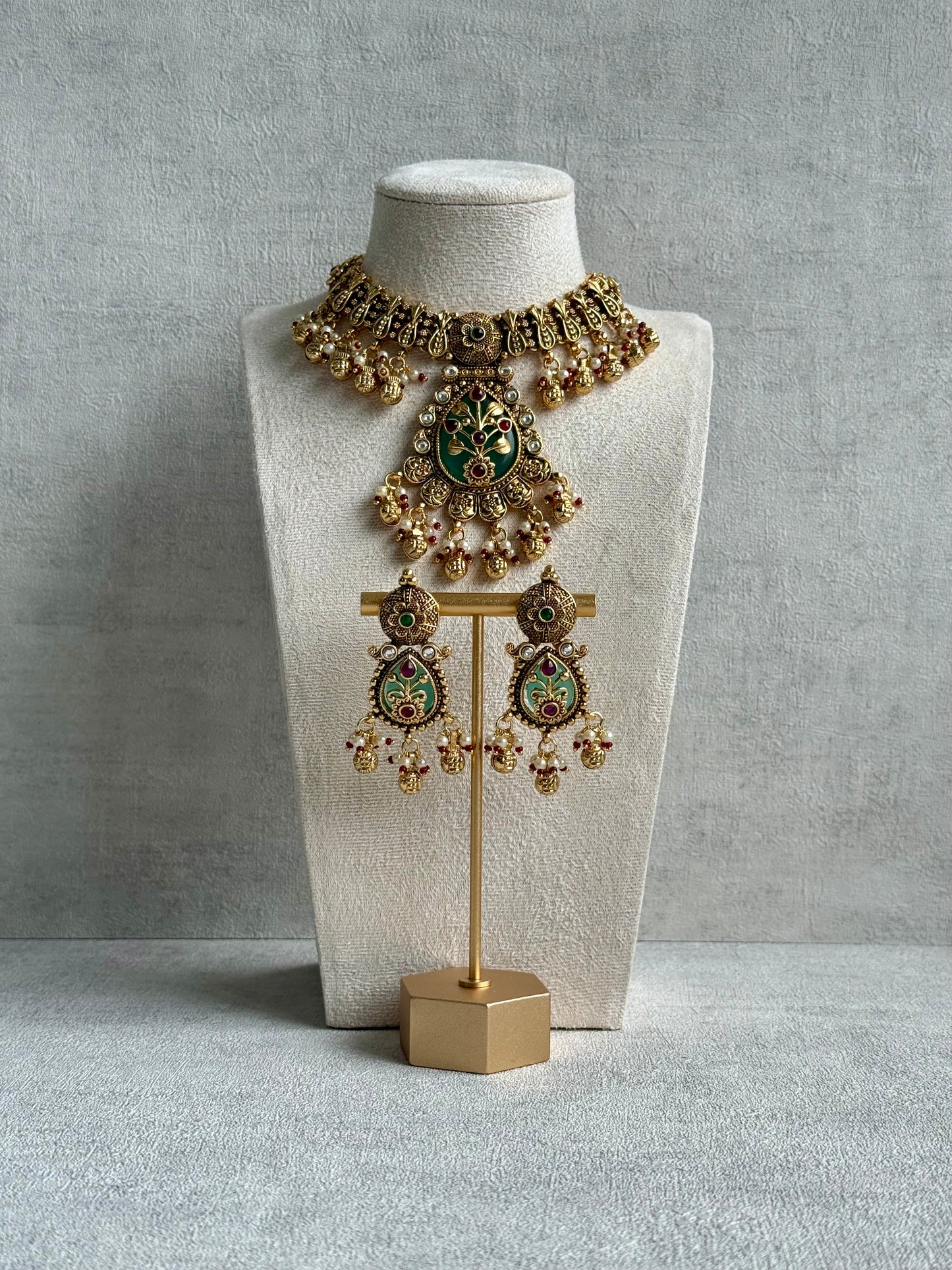 Ayura Designs Divya Set – Antique Gold Choker with Green Meenakari, Ruby Stones & Pearl Detailing