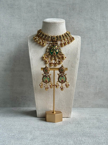 Ayura Designs Divya Set – Antique Gold Choker with Green Meenakari, Ruby Stones & Pearl Detailing