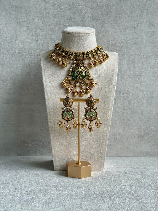 Ayura Designs Divya Set – Antique Gold Choker with Green Meenakari, Ruby Stones & Pearl Detailing