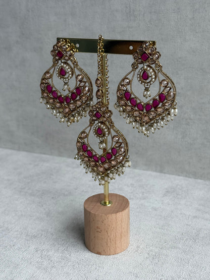Ayura Designs Damini Tikka Set – Mirror-Cut Kundan Earrings & Tikka with Pink Enamel and Pearl Detailing