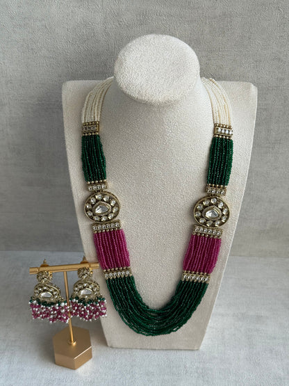 Ayura Designs Sienna Set – Long Layered Necklace & Earrings with Emerald, Berry Pink & Ivory Beads, Mirror-Cut Kundan & Pearl Detailing