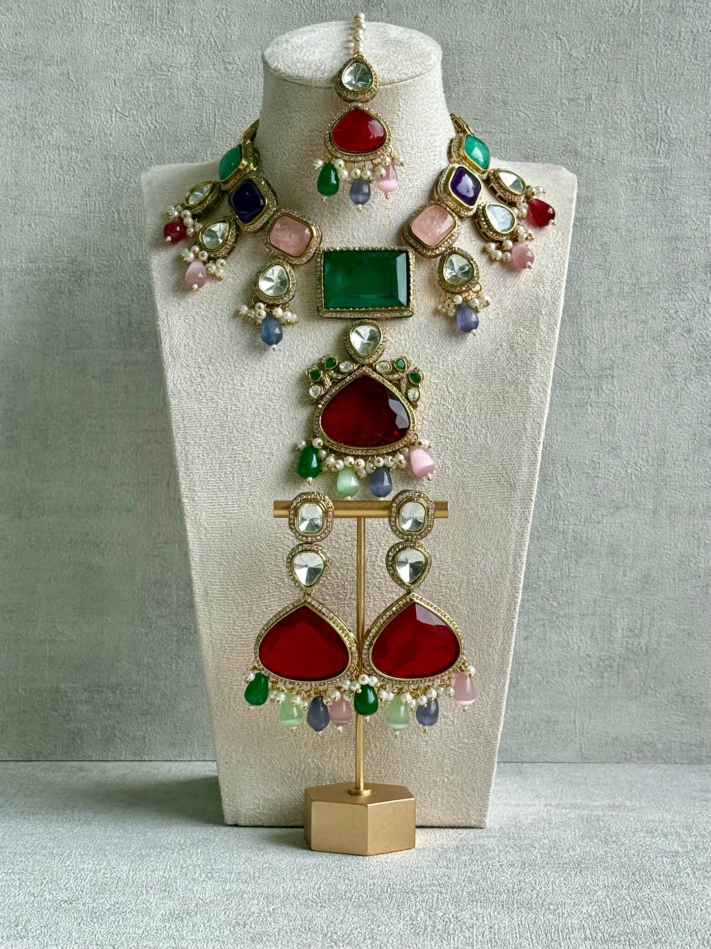 Ayura Designs Lara Set – Statement Multicolour Necklace, Earrings & Tikka with Ruby, Emerald & Pastel Beads