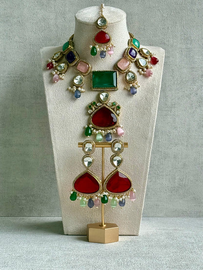 Ayura Designs Lara Set – Statement Multicolour Necklace, Earrings & Tikka with Ruby, Emerald & Pastel Beads