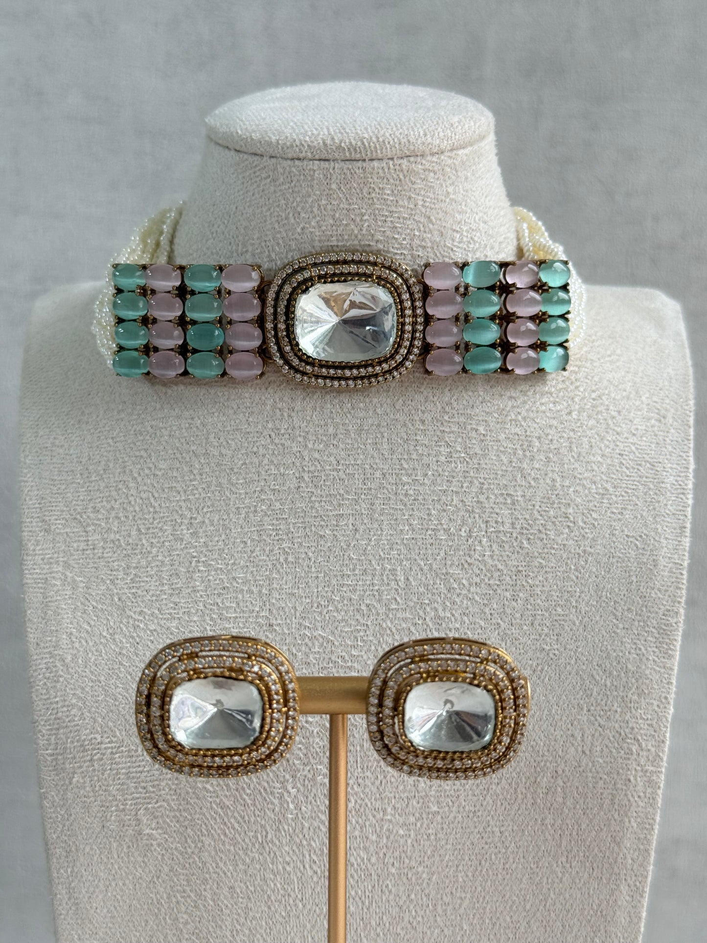 Ayura Designs Emma Choker Set – Mint Green & Blush Pink Gemstone Choker & Studs with Mirror-Cut Centrepiece, Pearl Strands & Crystal Borders