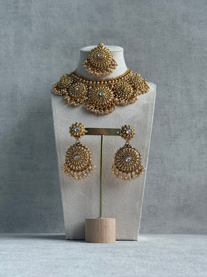 Ayura Designs Rummy Set – Statement Necklace, Earrings & Tikka with Ivory Pearls and Polished Gold Finish