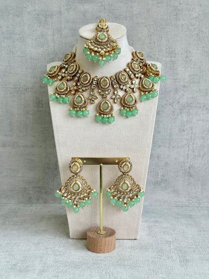 Ayura Designs Janvi Set with Necklace, Earrings & Tikka – Kundan Detailing, Mint Green Beads & Pearls Drops